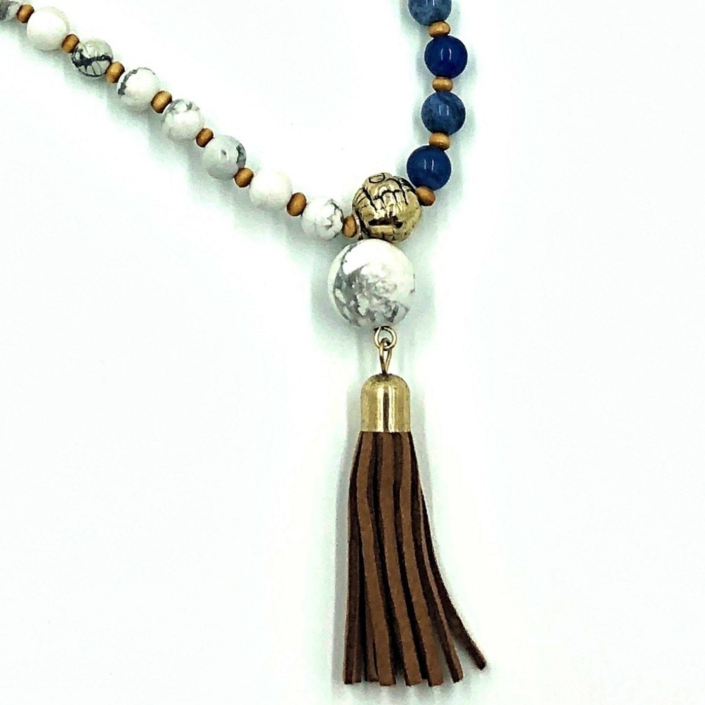 Marlyn Schiff Long Beaded Leather Tassel Necklace NWOT - Picture 6 of 8